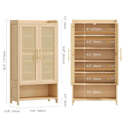 Keehusux Rattan Shoe Cabinet with Doors & Adjustable Shelves - Natural Oak