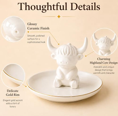 Highland Cow Jewelry Dish - White Ceramic Ring Holder & Trinket Tray