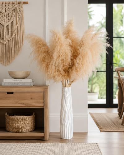 10Pcs 40-Inch Faux Pampas Grass with 22.8-Inch White Floor Vase - Boho Home Decor