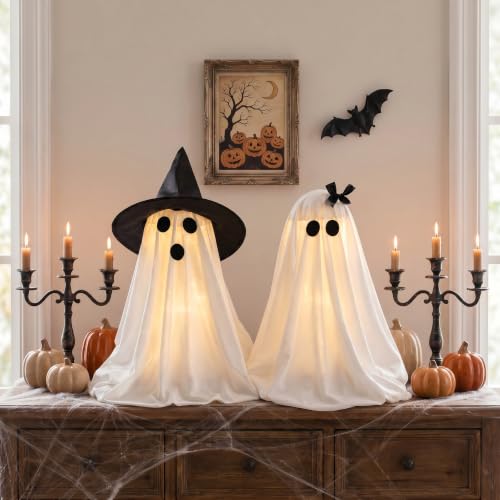 Halloween Ghost Decorations Light-Up Ghosts with Witch Hats Indoor Set