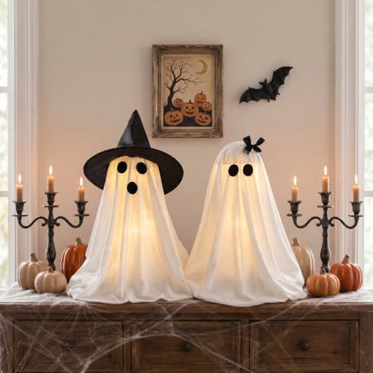 Halloween Ghost Decorations Light-Up Ghosts with Witch Hats Indoor Set