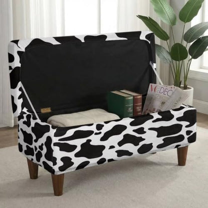 Large Black Cow Print Stretch Ottoman Cover - Soft Fit & Nonslip