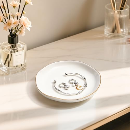 Personalized Ceramic Jewelry Tray - Gold Rim with Engraved Initial, 4.75" Gift for Women - Gold-a