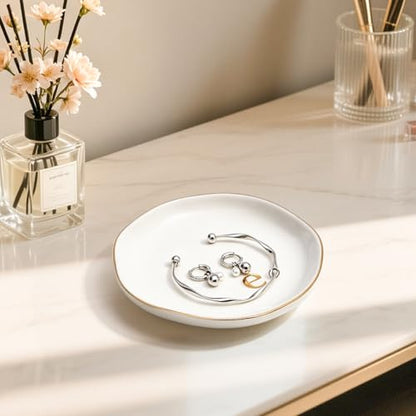 Personalized Ceramic Jewelry Tray - Gold Rim with Engraved Initial, 4.75" Gift for Women - Gold-a