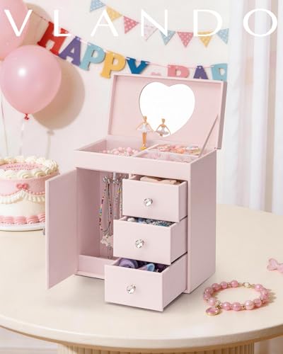 VLANDO 4 Layer Musical Jewelry Box for Girls with Pink Finish, 3 Drawers & Necklace Hook