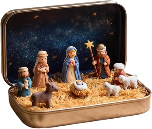 Mini Christmas Nativity Set in Tin Box - Handcrafted Pocket Scene with Figures - Holiday Religious Decor - Variation #a / 1