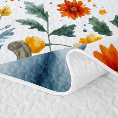 Pumpkin Thanksgiving Quilted Bedspread Set - Blue Yellow Green Full Size