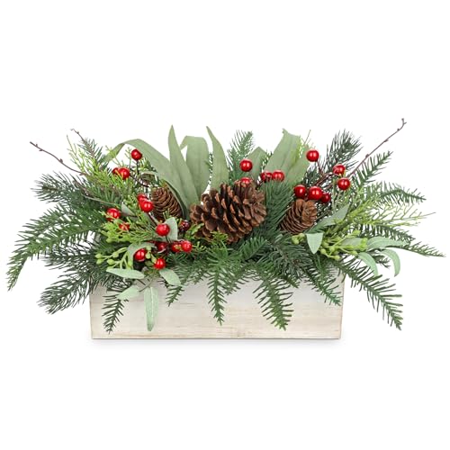 Christmas Centerpieces for Table - Artificial Norfolk Pine with Red Seeds & Eucalyptus in White Wooden Pot - White Variation