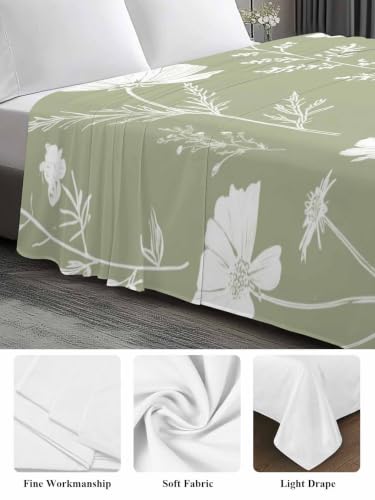 King Flat Sheet - Sage Green Hotel Quality Microfiber Bedding - Abstract Flowers, Breathable & Soft