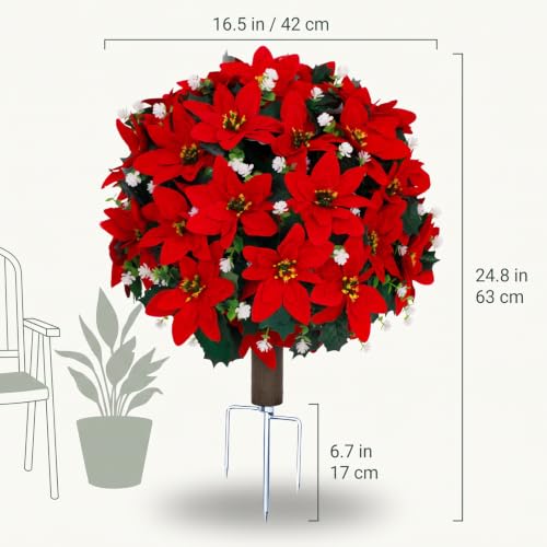 Artificial Poinsettia Christmas Topiary Trees Set - Red, 24.8 Inches with Metal Spikes