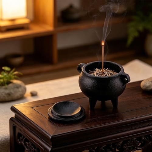 Cast Iron Incense Burner Cauldron with Removable Lid, Mini Aromatherapy Pot for Stick & Cone Incense, Home Decor