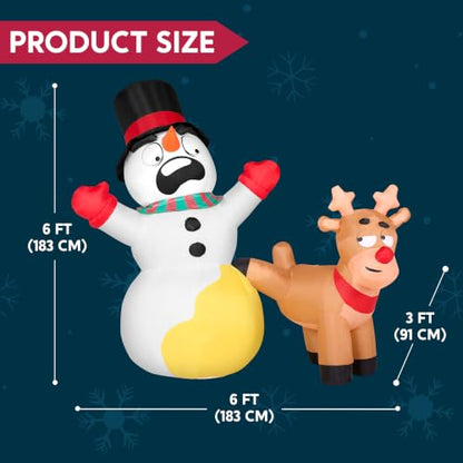 6 FT Christmas Inflatable Reindeer Peeing on Snowman with LED Lights Outdoor Decor
