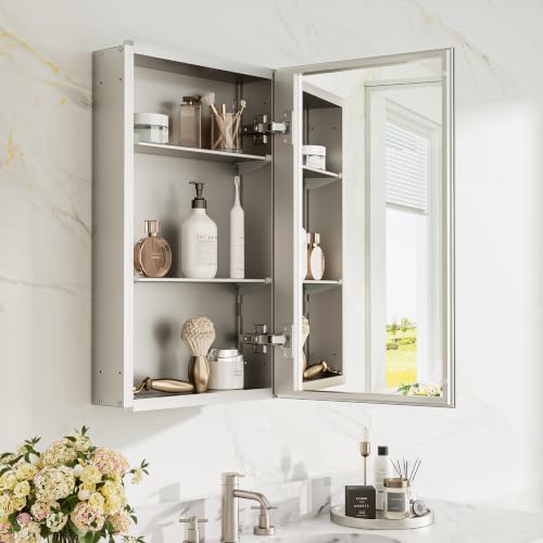 14x24 Inch Double-Sided Medicine Cabinet with Mirror and 110° Hinge - Light Aluminum Frame