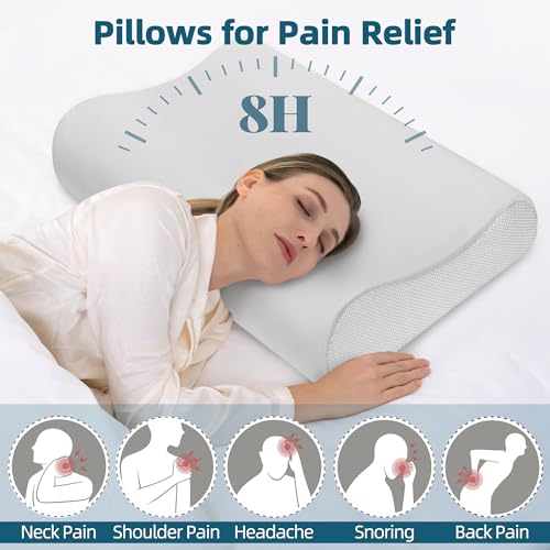 urnexttour Contour Memory Foam Pillows for Sleeping, Cervical Pillow Standard Size for Neck Pain Relief, Bed Pillow with Two pillowcase Neck Support for Side Back Stomach Sleepers Standard White&Blue