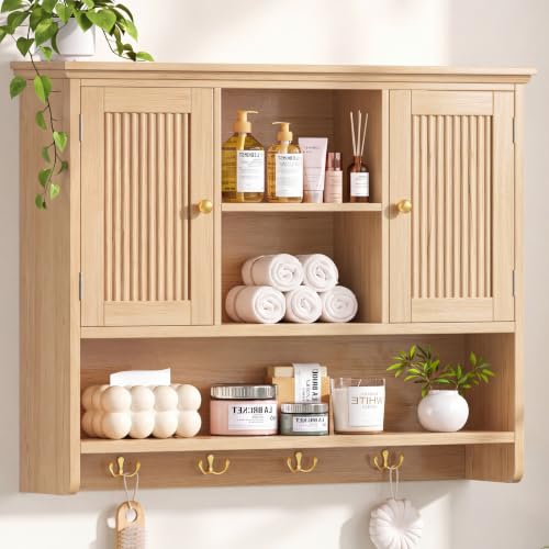 Wall Mount Bathroom Cabinet with Fluted Doors and Hooks - Natural Oak