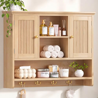 Wall Mount Bathroom Cabinet with Fluted Doors and Hooks - Natural Oak