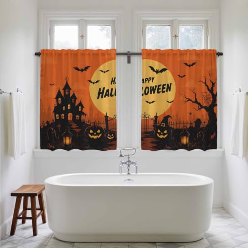 Orange Halloween Tier Curtains Set - Black Pumpkins & Moon Design, 27.5W x 45L, Pack of 2