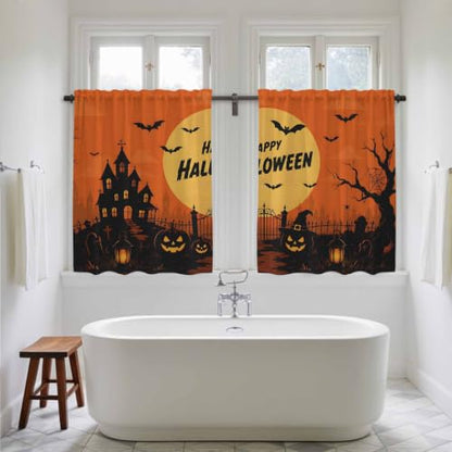 Orange Halloween Tier Curtains Set - Black Pumpkins & Moon Design, 27.5W x 45L, Pack of 2