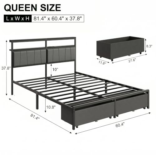 Queen Bed Frame with Storage Drawers and Charging Station - Grey, Queen Size