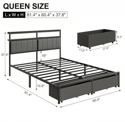 Queen Bed Frame with Storage Drawers and Charging Station - Grey, Queen Size