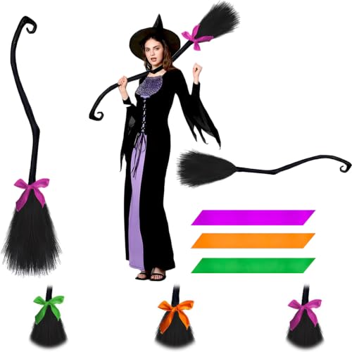Halloween Witch Broomstick with 3 Ribbons - 50 Inch Costume Prop & Decor Set