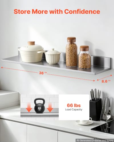 Stainless Steel Wall Mount Floating Shelves 8.6 x 36 Inches 2-Pack Kitchen Storage