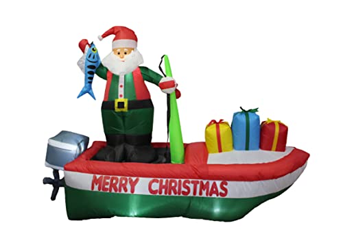 Christmas Inflatable Decorations Bundle with Lighted Santa Lantern & Santa on Fishing Boat
