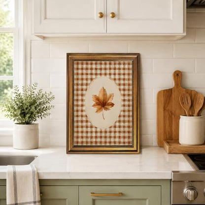 8x10 Inch Autumn Leaf Canvas Wall Art Print - Rustic Gingham Fall Botanical Cozy Decor