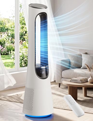 White 38-Inch Bladeless Tower Fan with 5-Color Night Light, 20 Speeds & Remote