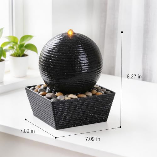 Indoor Water Fountain with Zen Sphere Design and LED Light - Tabletop Relaxation Decor