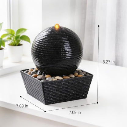 Indoor Water Fountain with Zen Sphere Design and LED Light - Tabletop Relaxation Decor