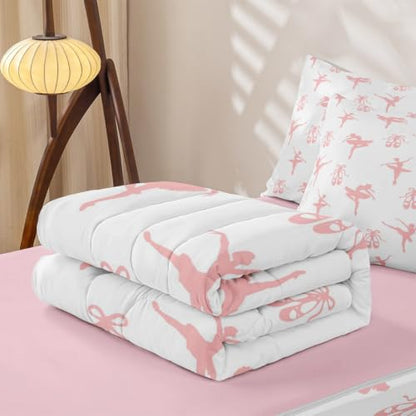 Pink White Ballet Zipper Bedding Set Twin Size Kids Comforter with Pillowcases