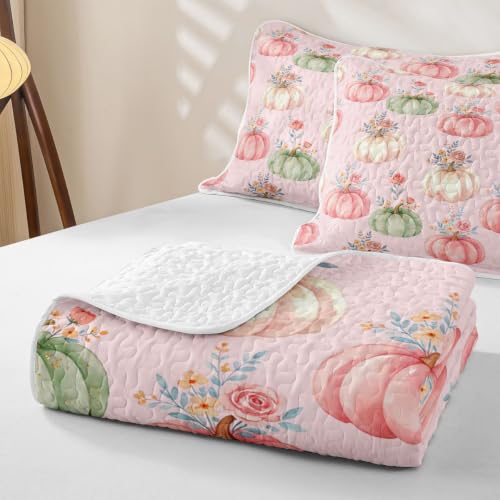Pink Autumn Pumpkin Quilted Bedspread Full Size - Rose Floral 3-Piece Bedding Set