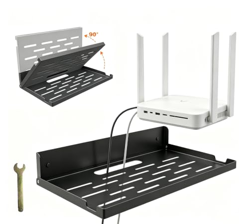 Foldable 14x8 Inch Wall Mount Router Shelf with Cable Hole - Black