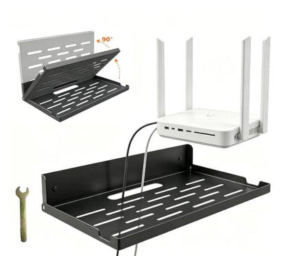 Foldable 14x8 Inch Wall Mount Router Shelf with Cable Hole - Black