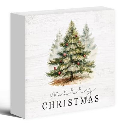 Christmas Pine Tree Farmhouse Wood Box Sign - Winter Holiday Decor 5x5 - Color 11
