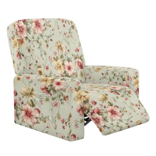 Vintage Floral Recliner Chair Covers 4-Piece Non-Slip Washable Protectors with Side Pockets