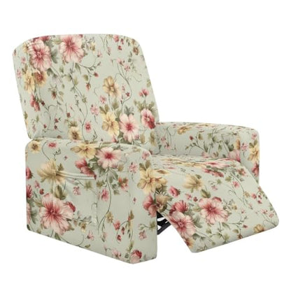 Vintage Floral Recliner Chair Covers 4-Piece Non-Slip Washable Protectors with Side Pockets