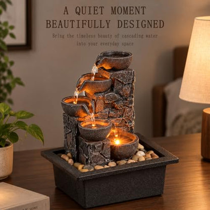 Tabletop Water Fountain 5-Tier Indoor Waterfall with LED Lights - Relaxing Decor