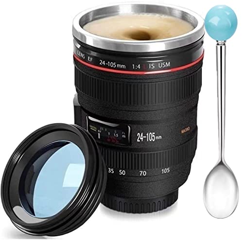 13.5 OZ Camera Lens Coffee Mug - Insulated Travel Tumbler with Spoon, Hot & Cold Drinkware