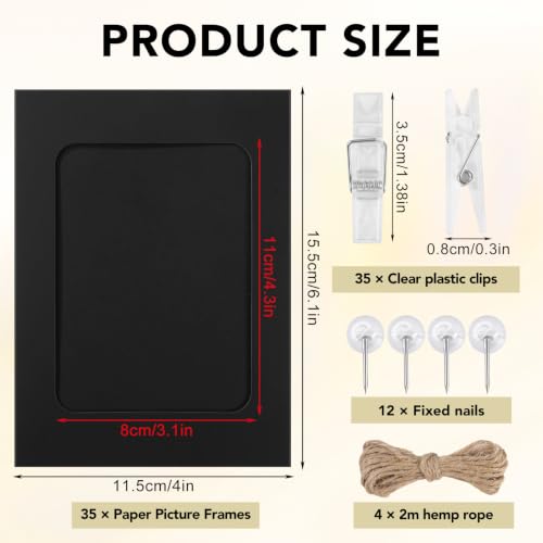 35 Pack Black Paper Photo Frames 4x6 with Clips, String & Nails