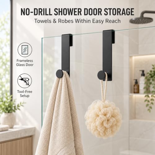 Matte Black 7.5 Inch Shower Door Hooks for Frameless Glass Doors - 2 Pack