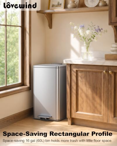 Lovewind 16 Gallon Stainless Steel Trash Can - Silver Kitchen Garbage Bin