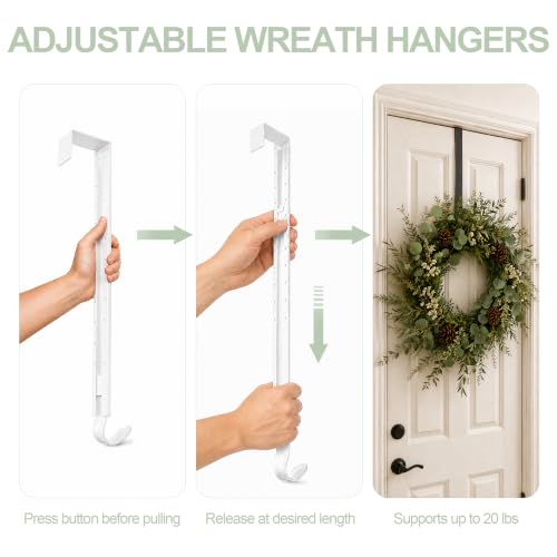 Adjustable Over-the-Door Wreath Hanger 22lb Heavy Duty, White, No Tools