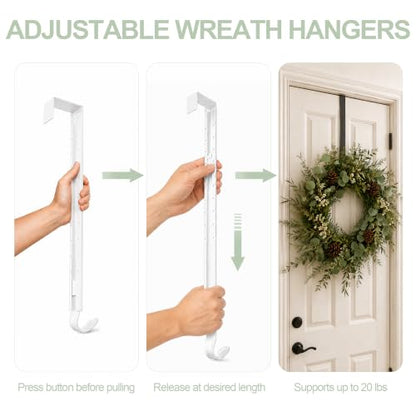 Adjustable Over-the-Door Wreath Hanger 22lb Heavy Duty, White, No Tools
