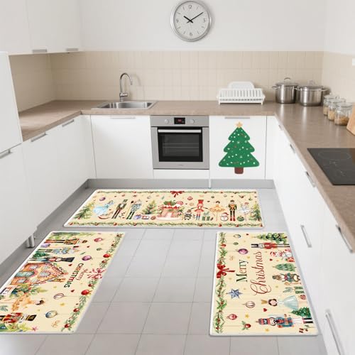 Winter Nutcracker Kitchen Rug Set of 3 - Christmas Holiday Floor Mats, Washable & Non-Slip
