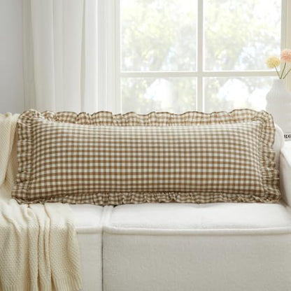 Taupe and White Gingham Ruffle Pillow Cover - 20x54 Inches, Body Size, Pack of 1