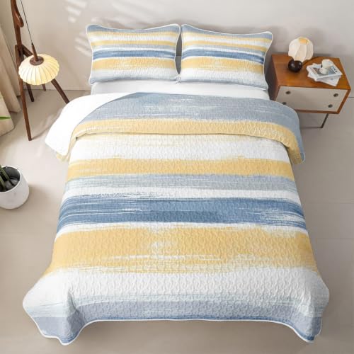 Erosebridal Geometric Twin Size Quilt Set - Blue Yellow Gradient Striped Ombre