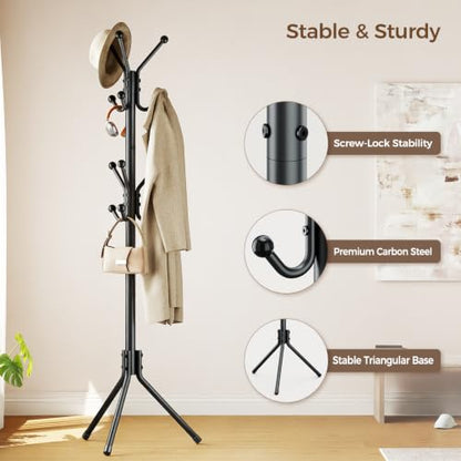 Freestanding Metal Coat Rack with 12 Hooks - Black, 70.1 x 21.5 inches