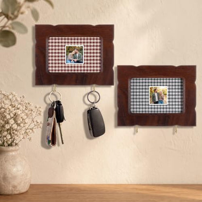 Walnut Wood Picture Frame with Key Hooks Wall Mount Set of 2